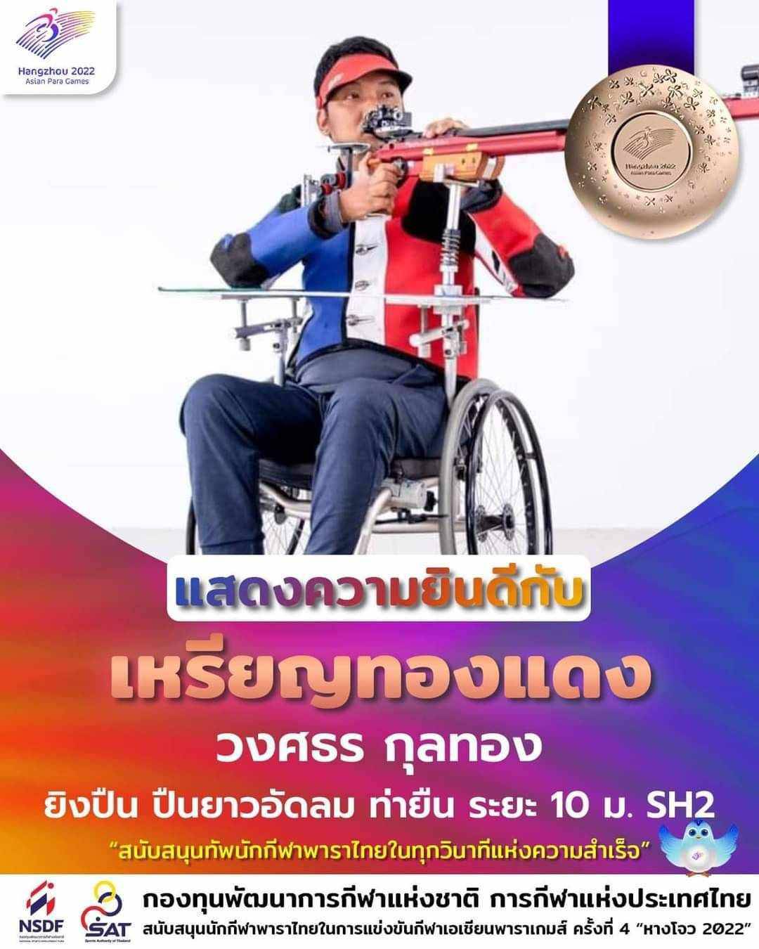 สำนักงานสาธารณสุขอำเภอพนมขอแสดงความขอแสดงความยินดีกับ
“นายวงศธร กุลทอง” คนเก่งอำเภอพนม จังหวัดสุราษฎร์ธานี ที่สามารถคว้าเหรียญทองแดง ปืนยาวอัดลม ท่ายืน ระยะ 10 ม. คลาส SH2 ในการแข่งขันมหกรรมกีฬาคนพิการที่ยิ่งใหญ่ที่สุดของทวีปเอเชีย เอเชียนพาราเกมส์ ครั้งที่ 4 ณ เมืองหางโจว สาธารณรัฐประชาชนจีน